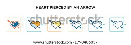 Heart pierced by an arrow vector icon in 6 different modern styles. Black, two colored heart pierced by an arrow icons designed in filled, outline, line and stroke style. Vector illustration can be 