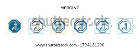 Merging sign vector icon in 6 different modern styles. Black, two colored merging sign icons designed in filled, outline, line and stroke style. Vector illustration can be used for web, mobile, ui