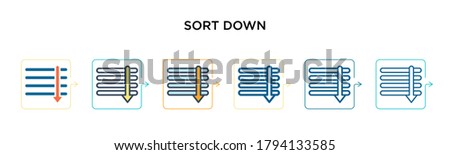 Sort down vector icon in 6 different modern styles. Black, two colored sort down icons designed in filled, outline, line and stroke style. Vector illustration can be used for web, mobile, ui