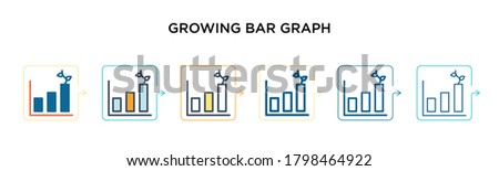 Growing bar graph vector icon in 6 different modern styles. Black, two colored growing bar graph icons designed in filled, outline, line and stroke style. Vector illustration can be used for web, 