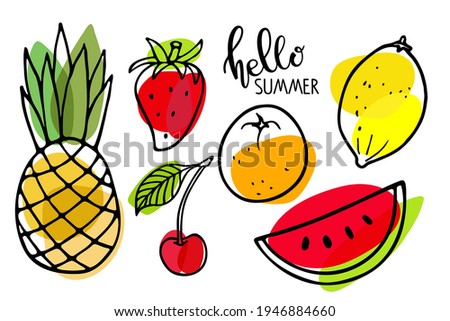 Summer seasonal fruit set. Watermelon, pineapple, strawberry, lemon, orange fruit, cherry sketch isolated. Bright fruits. Organic vector food. Eco healthy ingredient For poster, banner, coupon