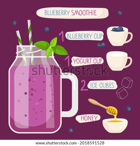Blueberry smoothie recipe. Blueberry smoothie cup with ingredients. Glass cup with handle. Berry, cup of yogurt, ice cubes, honey. For cafe or restaurant menu. Organic raw shake recipe, healthy food
