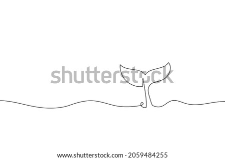 Continuous one line drawing whale. Abstract hand drawn whale tail with ocean by one line. Minimalist black line sketch on white. Fashionable trend vector World Whale Day illustration with copy space