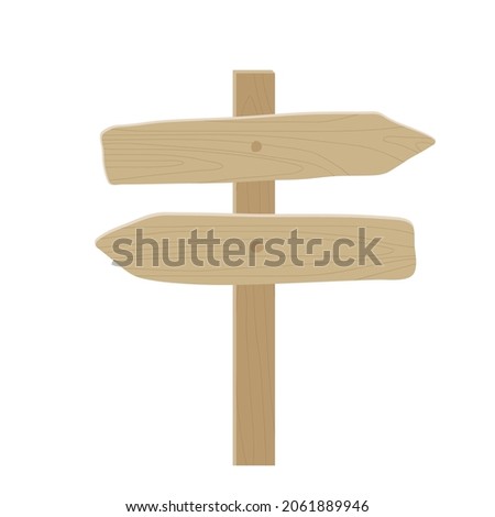 Two arrows showing in opposite directions. Wooden plank signboard. Signpost with place for message. Direction Wooden Arrow Rustic Road Sign Design Element. Flat vector illustration isolated on white.