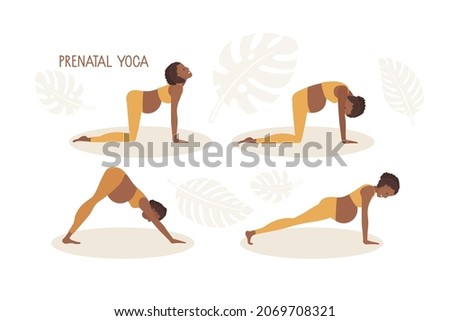 Prenatal yoga. Pregnant African American woman doing yoga. Woman in sportswear doing floor exercises. Women healthy life style concept. Active lifestyle and baby health care. Various yoga asanas