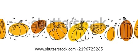 Seamless Pumpkin border. Hand drawn autumn vector backdrop. Line sketch on bright spots. Thanksgiving or Halloween Repeated vector illustration for wallpaper, wrapping paper, textile, scrapbooking. Foto stock © 