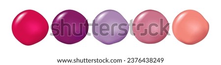 Nail polish samples. Color palette. Colour selection. Cosmetic nail polish blots isolated on white background. Coral, purple, lilac colors nails enamel. Nail product sample. Vector illustration