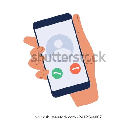 Mobile Phone Call. Call from unknown party, answer or refuse. Human Hand holding ringing mobile phone isolated on while. Incoming call on mobile phone Vector icon flat illustration. Screen device