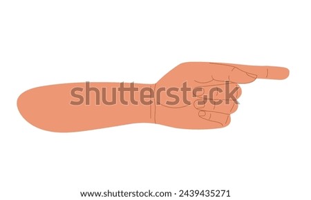 Human hand points way with finger, forefinger. Pointer to left. Pointing Hand Gesture. Flat vector illustration isolated on white background. Template, banner, poster. Right pointing backhand index