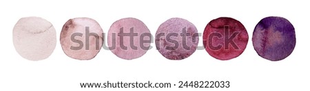 Vector Watercolor dots set. Hand painted Spots on white background. Round, circle. Isolated. Harmonious range of pink purple colors. Blobs of different color. For Wedding dress code card