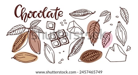 Chocolate. Hand drawn sketch vector Cocoa beans, leaves, raw chocolate chunks, wedges of dessert chocolate, Chocolate text. Organic product Doodle sketch for cafe, shop, menu, logo, emblem, symbol.