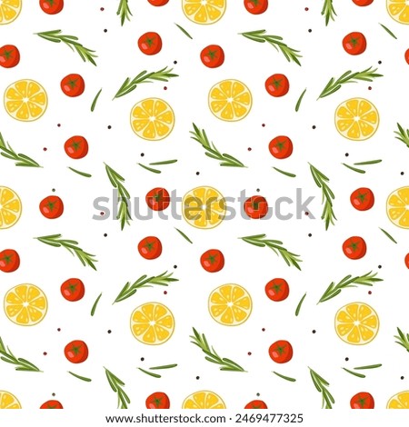 Seamless pattern with Lemon Fruit slice, Tomato, Rosemary. Seasonings for cooking. Hand drawn Repeated Food template for menu, nursery design, wallpaper, wrapping, packing, textile, scrapbooking