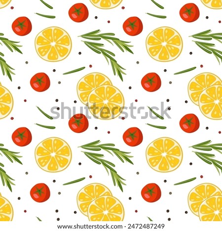 Seamless pattern with Lemon Fruit slice, Tomato, Rosemary. Seasonings for cooking. Hand drawn Repeated Food template for menu, nursery design, wallpaper, wrapping, packing, textile, scrapbooking.