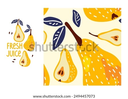 Fresh Juice. Yellow Pear fruit and Pear slices with leaf and seamless Yellow Pears pattern. Fresh fruits Vector Summer ore Autumn Repeated background for textile, fabric, paper, wallpaper, packaging