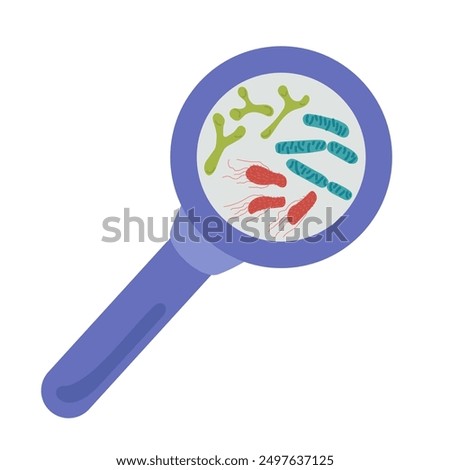 Different bacteria under magnifying glass. Magnifying glass icon, magnifier or loupe sign. Search icon isolated on white. Color flat design vector template for for medical and educational Infographics