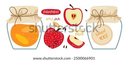 Apple Jam. Canned red Apple hand drawn set. Homemade fruit jelly in glass jar isolated. Jar preserved fruits. Flat vector Food template for menu, sticker, logo, detox diet concept, farmers market