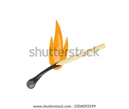 Half-burnt match. Burning match. Wooden match with fire. Weak gorenje, extinguished fire. Lit matchstick burning with fire flame isolated on white background. Vector flat icon