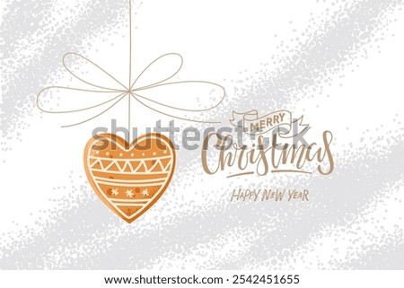 Merry Christmas and Hapy New Year card with Heart shape cookie and handwritten calligraphy lettering. Traditional Christmas baking. Flat vector isolated on white textured background. Winter Holidays