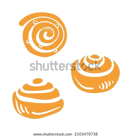 Cinnamon and chelsea buns. Colorful paper cut collection of baked goods isolated on white background. Doodle hand drawn bakery products icons. Vector illustration
