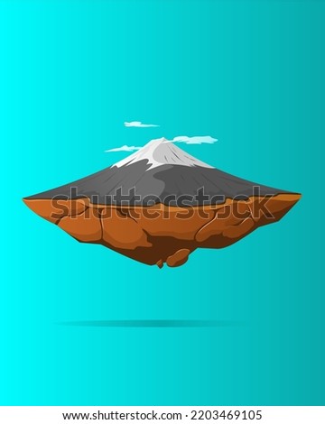 Floating mountain. Flying Island cartoon style. Vector Illustration.