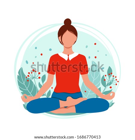Young woman meditating and sitting in lotus on the natural background.  Concept illustration for yoga, meditation, relax and healthy lifestyle. Vector illustration in flat style