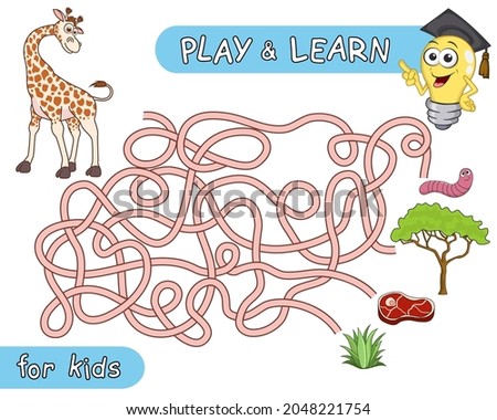 What does the giraffe eat. Help the giraffe to find the right way in maze and learn that giraffe like to eat. Maze Game with Solution. Riddle with tangled lines. Educational and logical game for kids.