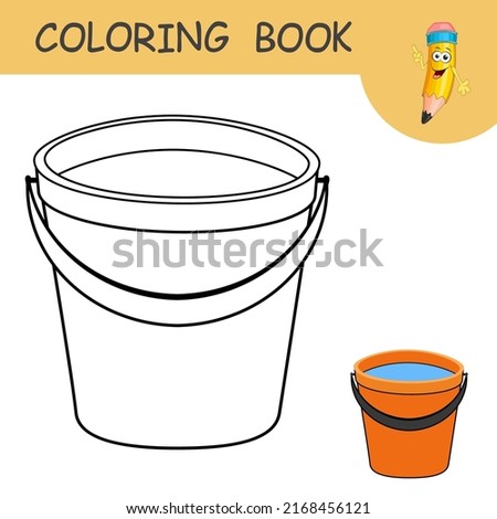 Coloring page with bucket of water. Template of colorless and color samples water pail on coloring page. Practice worksheet with plastic or metallic bucket for garden or cleaning house. Outline game.