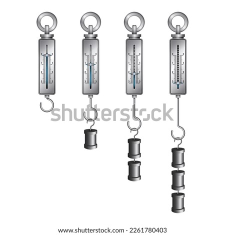 Set of cylindrical spring mechanical dynamometers with metal pointers and various weights. Dynamometer. Force measuring instrument. Dynamometer with hook for physics and scientific purposes.