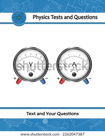 Set of analog voltmeter and ammeter. Round gauge with metal frame. Physical devices for measuring electric current, potential, the voltage in an electrical circuit in amperes and volts.