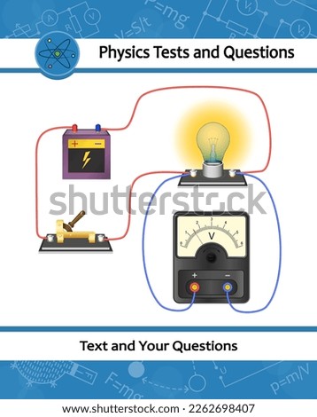 The physical experiment of studying laws of electricity and magnetism. An electric circuit consisting of parallel-connected light bulbs, an electric current source, conductors, a switch, a voltmeter.