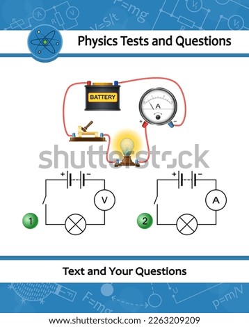Physical experiment of studying electric circuit with simple electrical scheme. Electric circuit has Battery, Light Bulb, Switch and ammeter. Helpful for education in schools at physics lesson.