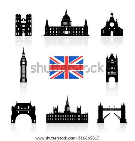 England Landmarks Icon Set. Vector and Illustration