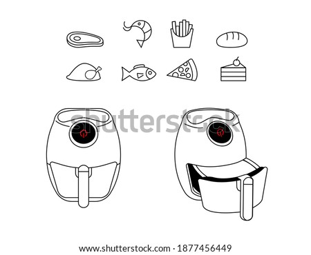 Air fryer kitchen vector line design isolated on white background.Icon for instructions.Air grill lines with food icons