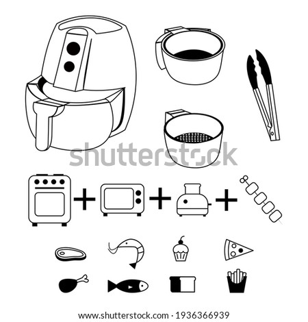 Air fryer kitchen vector line design isolated on white background. Air grill.Drawing lines. Air grill icon for instructions.Air grill with food icons.Airfryer parts.Editable stroke