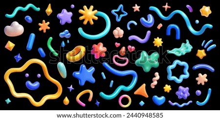 Collection of various 3D plastic cute vector shapes. The collection features stars, hearts, squiggles, geometric figures, and abstract forms, all conveying a sense of playful creativity and whimsical 
