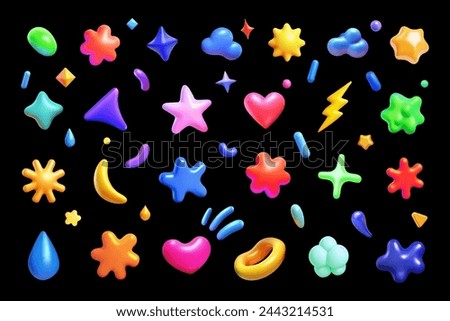 Colorful collection of 3D cartoon vector shapes and symbols on a black background. 3D set includes lightning, stars, clouds, drops, triangle, plus, shapeless elements.