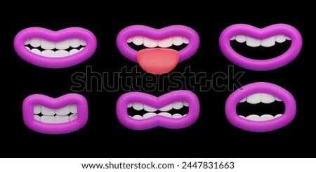 Sets of stylized 3D vectors of cartoon pink lips, each depicting a different facial expression; smile, grin, anger, sticking out tongue.