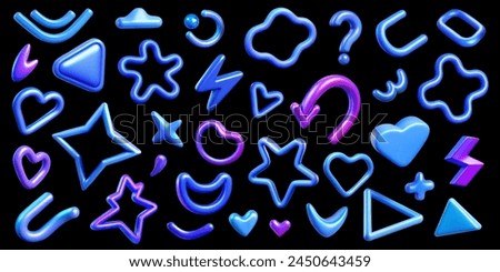 A collection 3d vector of blue and purple shapes and symbols, featuring a variety of colors and forms such as hearts, arrow,question marks,lightning, abstractions and lines
