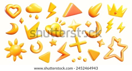 Collection of 3D vectors of yellow shapes and symbols of various shapes, such as triangles, month, moon, sun, arrow, ufo, lightning, abstract and lines.