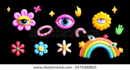 A collection whimsical of colorful 3D vector icons on a black background featuring eyes, flowers bud, a rainbow, stars,alien hand.