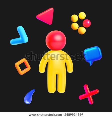 3D vector illustration abstract human shape surrounded by different abstract shapes - triangle, circles, plus, cross, bubble chat