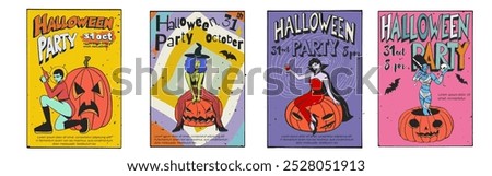 Women in Halloween costumes with pumpkins in retro style with lettring. Witch, alien, Frankenstein and vampire costumes. Vector retro illustrations with dough, Halloween poster.