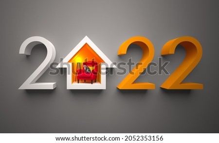 Creative 2022 New Year design template with a cozy house with an abstract interior in warm colors, all on grey background.
3D render illustration for a calendar, greeting card or banner.