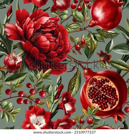 Seamless vector pattern with pomegranates, red garden flowers and berries isolated on a changeable background. Vintage painting style illustration.