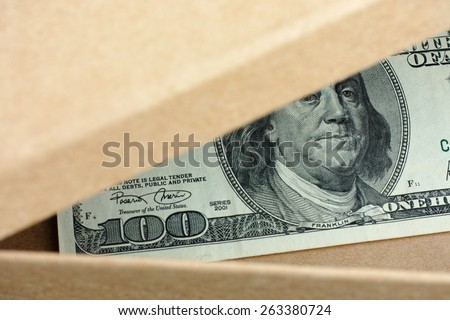 Open box with one hundred dollars banknote in it. Conceptual image.
