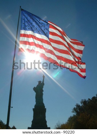 US flag with the sun and the Statue of Liberty