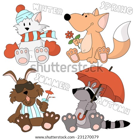 Cute cartoon animal kids, 4 seasons of nature set. Spring fox with a flower, summer dog sunbathing with a cocktail, autumn raccoon under a huge umbrella, winter cat braided in a big scarf.
