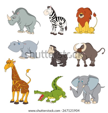 Set Of Cute Hand Drawn Cartoon African Animals. Lion, Elephant ...