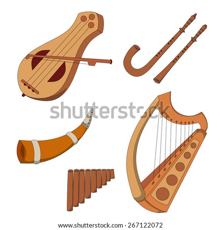 Set Of Hand Drawn Medieval Musical Instruments. Fiddle, Harp. Horn, Pan ...