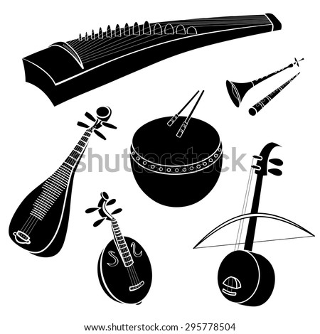 Set Of Hand Drawn Traditional Chinese Musical Instruments. Guzheng ...